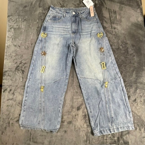 Micas Denim - Micas Blue Light Wash Wide Leg Embellished Celestial Denim Jeans Size L NEW